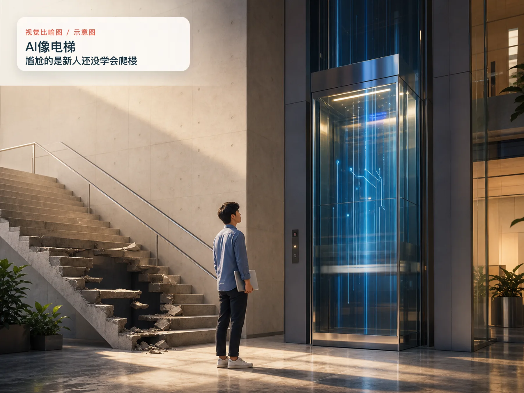 AI像电梯但新人还没学会爬楼的视觉比喻图｜示意图