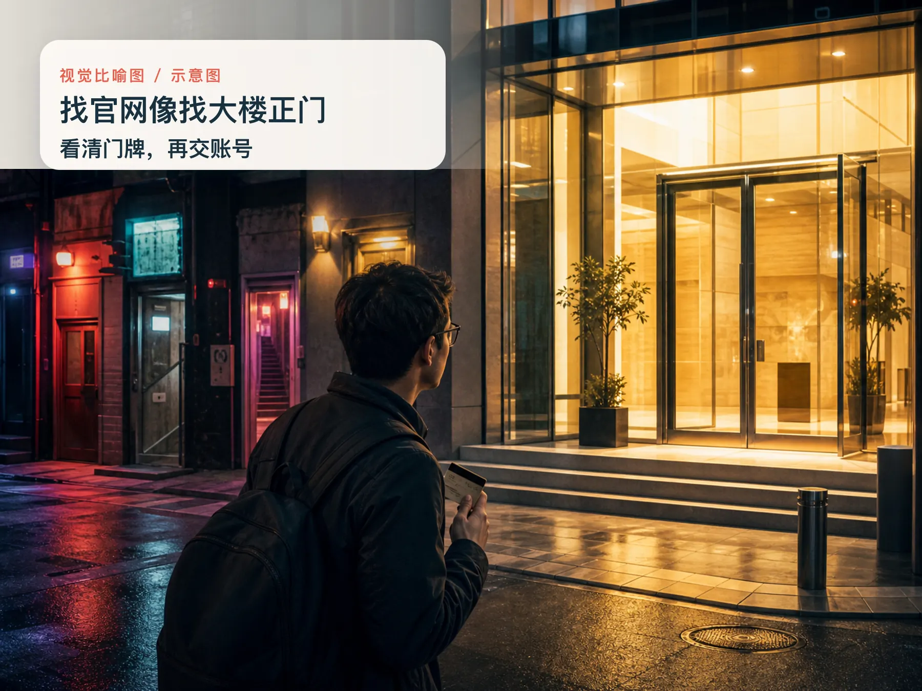 视觉比喻图：找官网像找大楼正门（示意图）